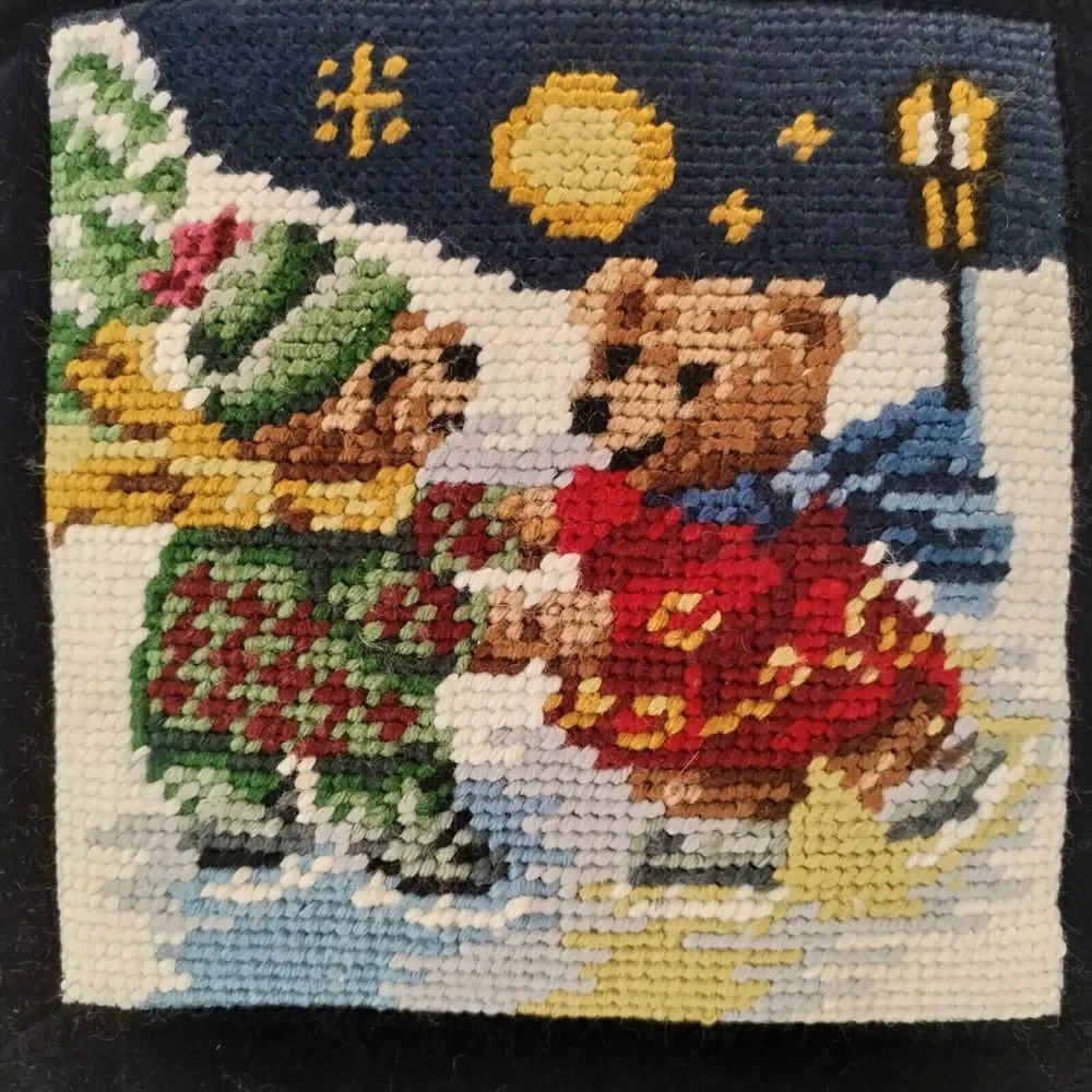 Vintage Needlepoint Christmas Pillow Bears Ice Skating 9